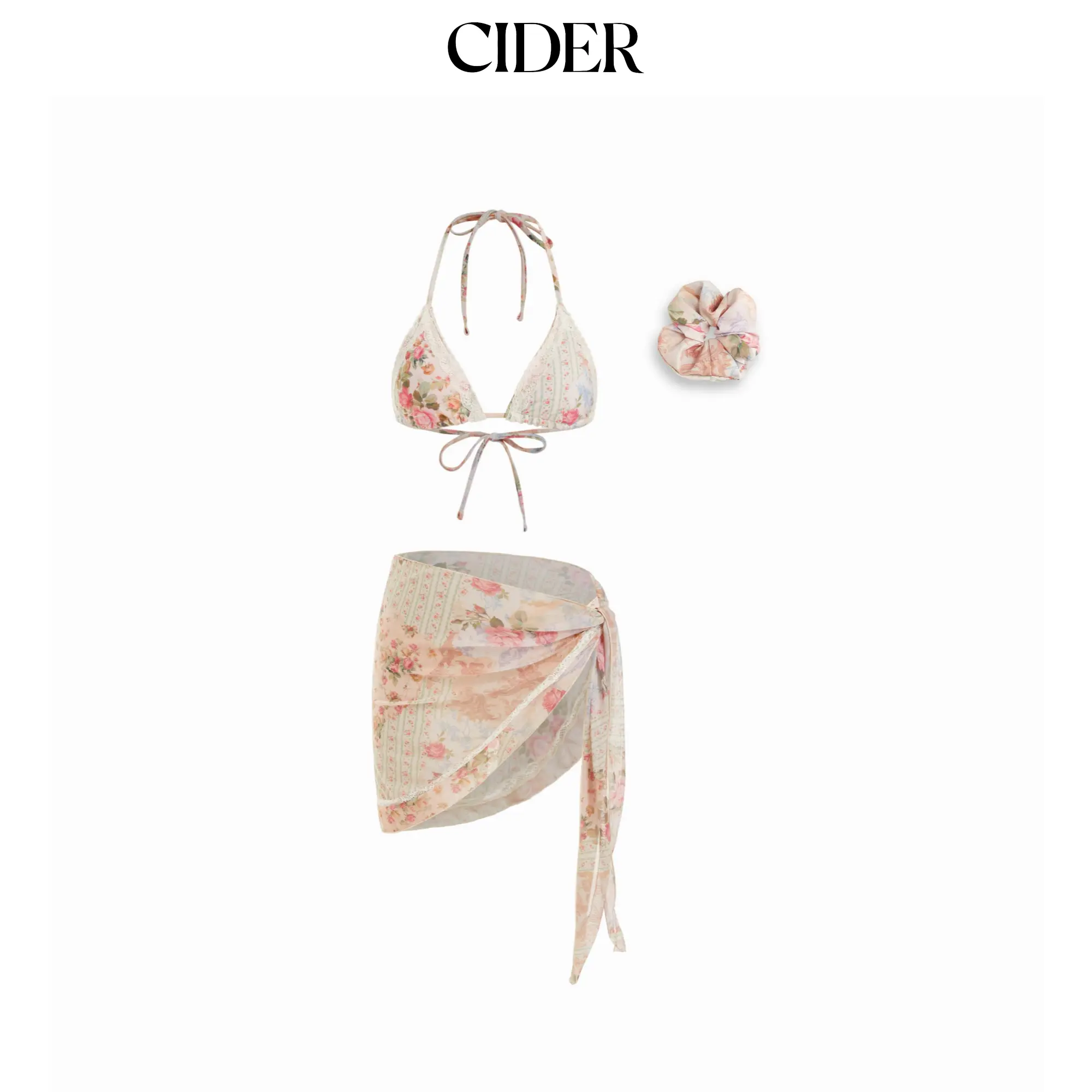 Cider Halter Neckline Floral Lace Trim Triangle Bikini Set With Sarong & Scrunchie