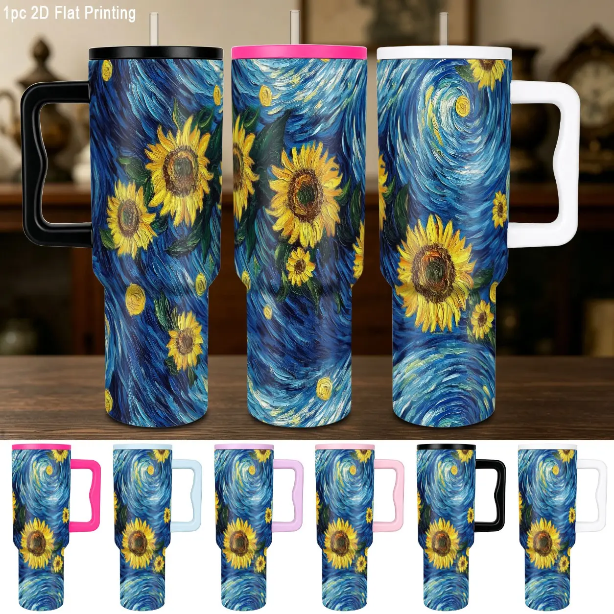 40oz Stainless Steel Vacuum Insulated Travel Mug, Sunflower Blue Swirl Print, Ergonomic Handle Straw Lid, Ideal for Fitness Office, Perfect Gift