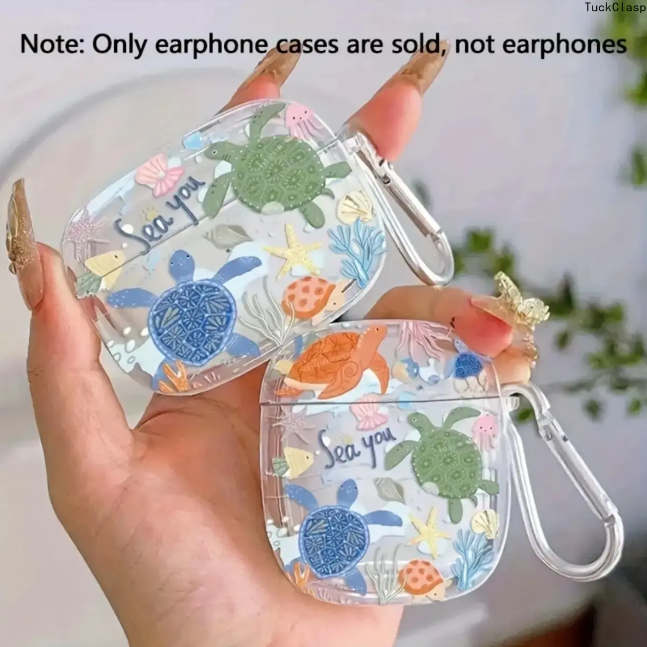 Watercolor Underwater Sea Turtle "Sea You" Clear TPU Earphone Case, Shockproof Transparent Protective Shell with Detachable Metal Carabiner, Compatible with AirPods 1/2/3/4, AirPods Pro 2/3, Cute Summer Ocean Marine Themed Bag Charm Accessory for Women Gi