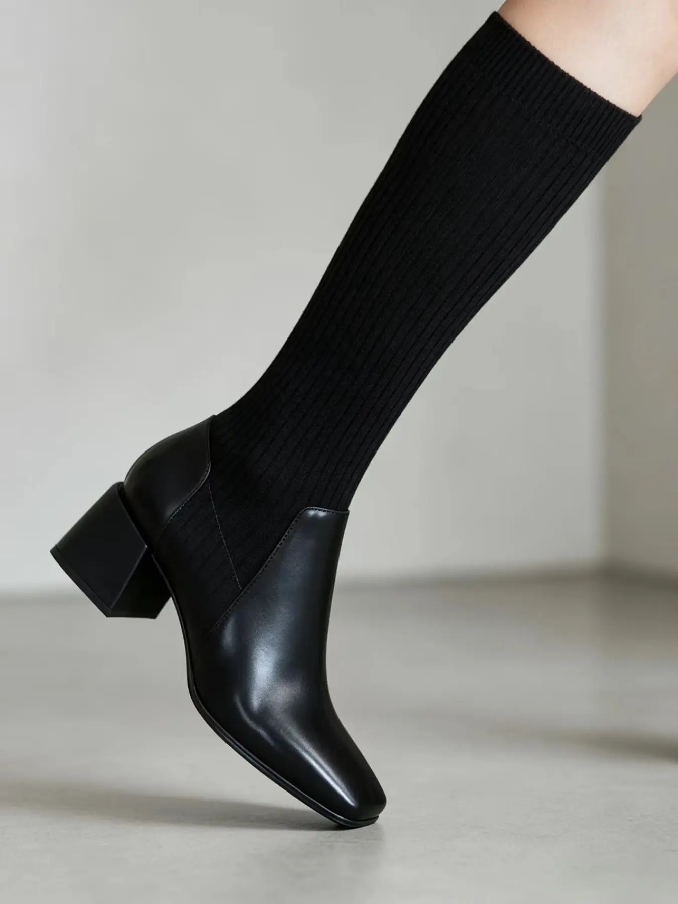 New Fall Winter Vertical Stripe Elastic Knit Patchwork Tall Boots, Women's Round Toe Thick Heel Slimming Elastic Sock Boots, Versatile Office Simple Knee-High Boots, Socks Boots