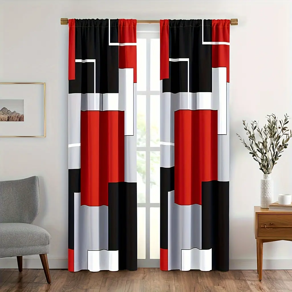 2-Piece Plaid Curtain Set with Rod Pocket - Household Textile Curtain Accessory for Living Room, Bedroom - Available in Red, White, Gray, Black grommet design barra de cortina cabinet christmas party home decor