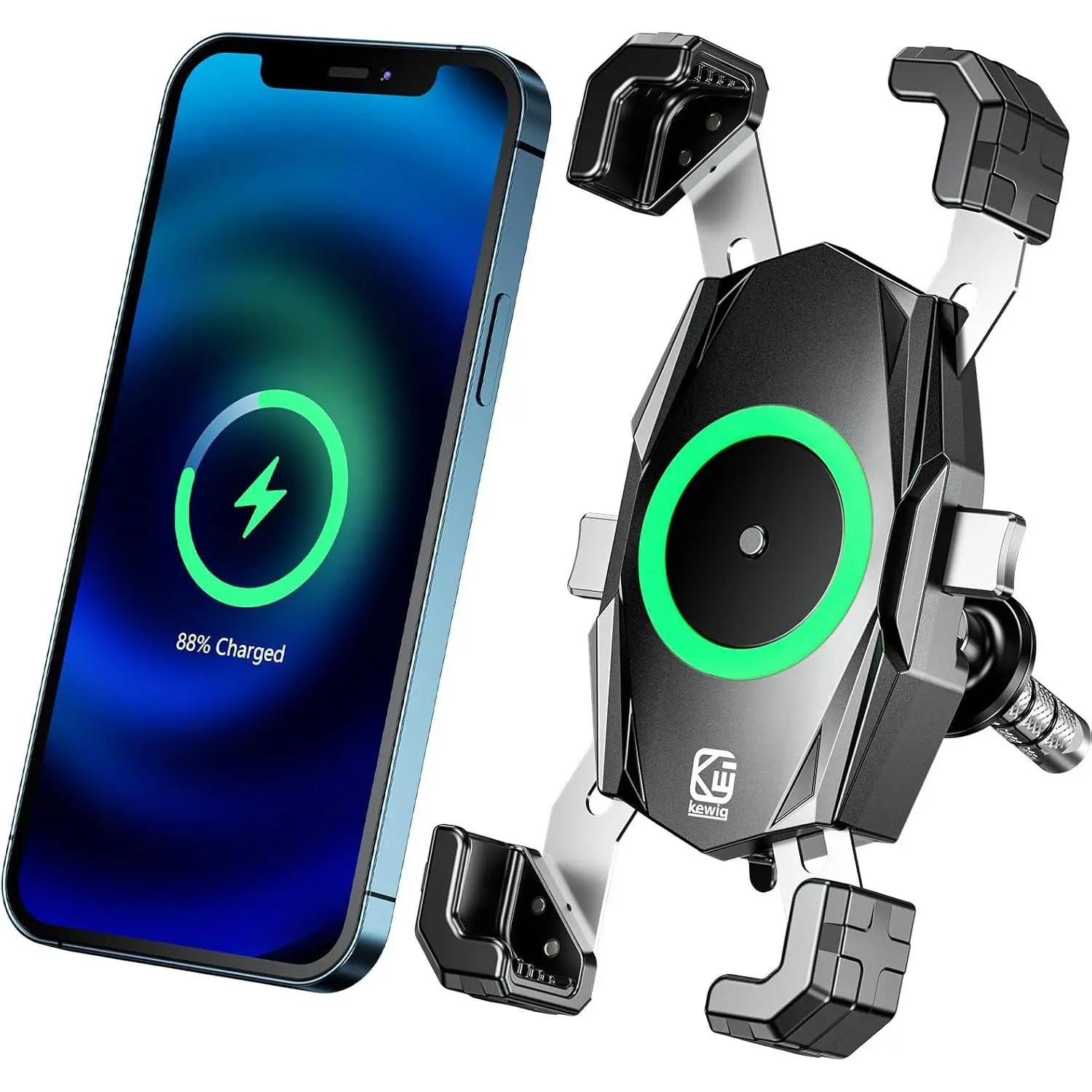Motorcycle Fork Stem Phone Mount with Wireless & USB-C Charging, Qi 15W Wireless & 20W USB-C Fast Charging, One-Push Auto Lock & Quick Release Handlebar Holder, Fits 4.0-6.9" PhonesGift