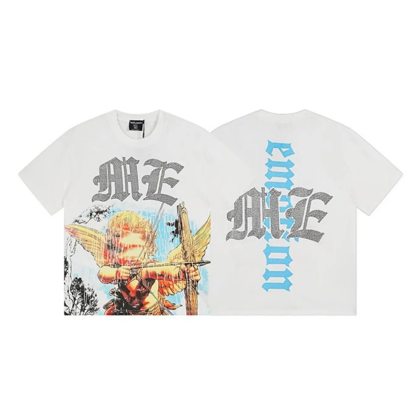MIXED EMOTION Mens Y2K Hip Hop Diamond Angel Graphic Cotton Tee Vintage Washed Oversized Streetwear Short Sleeve Summer Urban Style Trendy Graphic Shirt