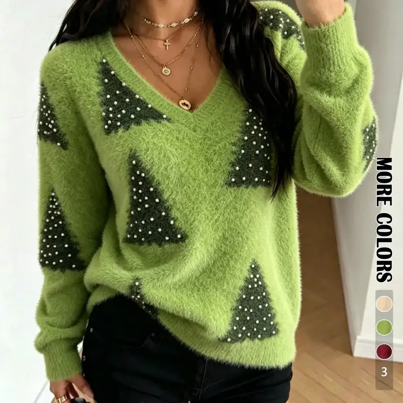 Women's Christmas Pullover, Casual Sweatshirts, Long Sleeve V-Neck Loose-Fit, Casual Winter Fashion, Faux Fur Material, Perfect for Holidays & Daily Wear