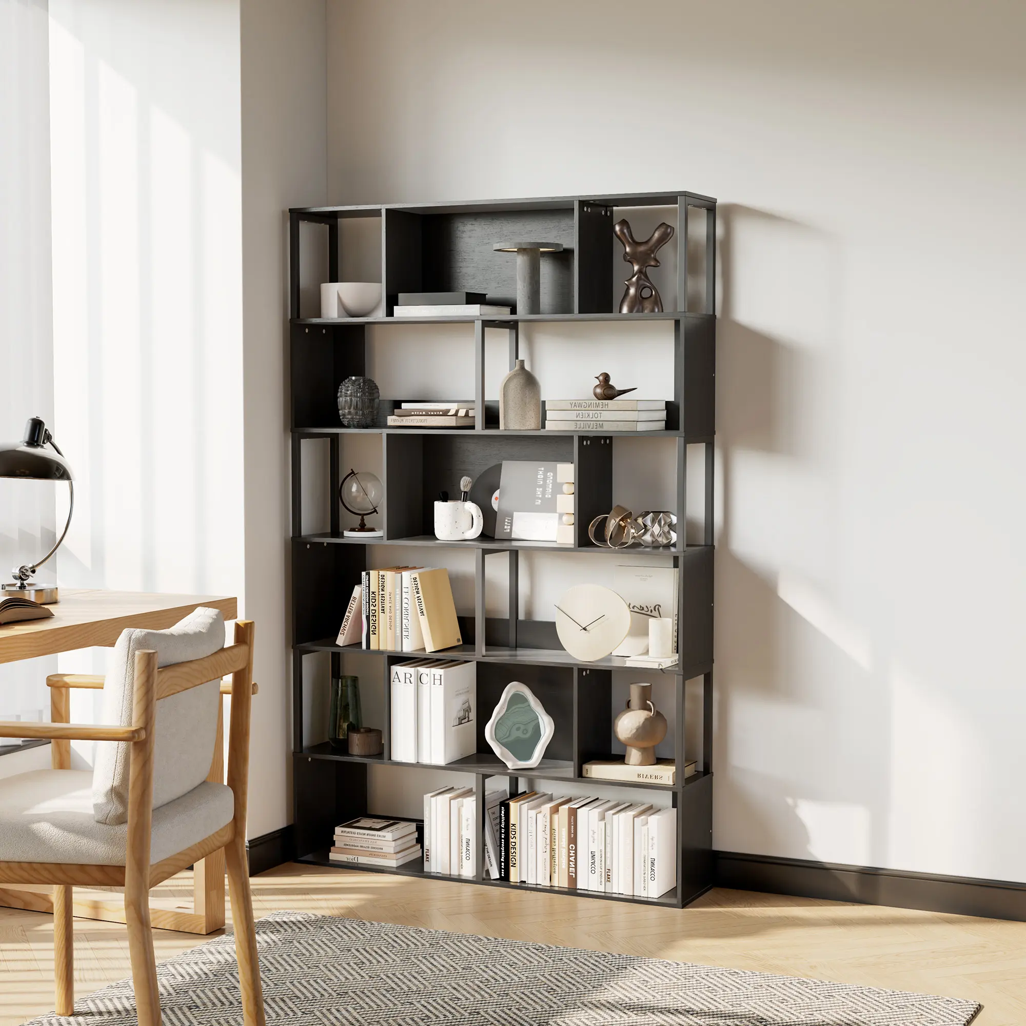 Modern 6 Tier Geometric Standing Bookshelf Metal Display Rack Room Divider With Anti Tip Device Slim Storage Shelf For Living Room