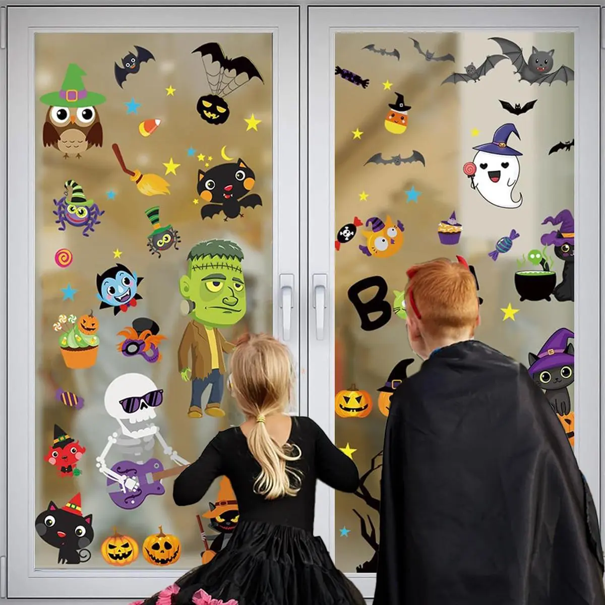 Classic Halloween Window Clings Pack - 173 Pcs 9 Sheets Decorative Static Cling PVC Stickers with Mixed Designs, Reusable No Residue Party Decor for Windows Glass Mirrors, Trick or Treat Favors Set, Smooth, Ornaments