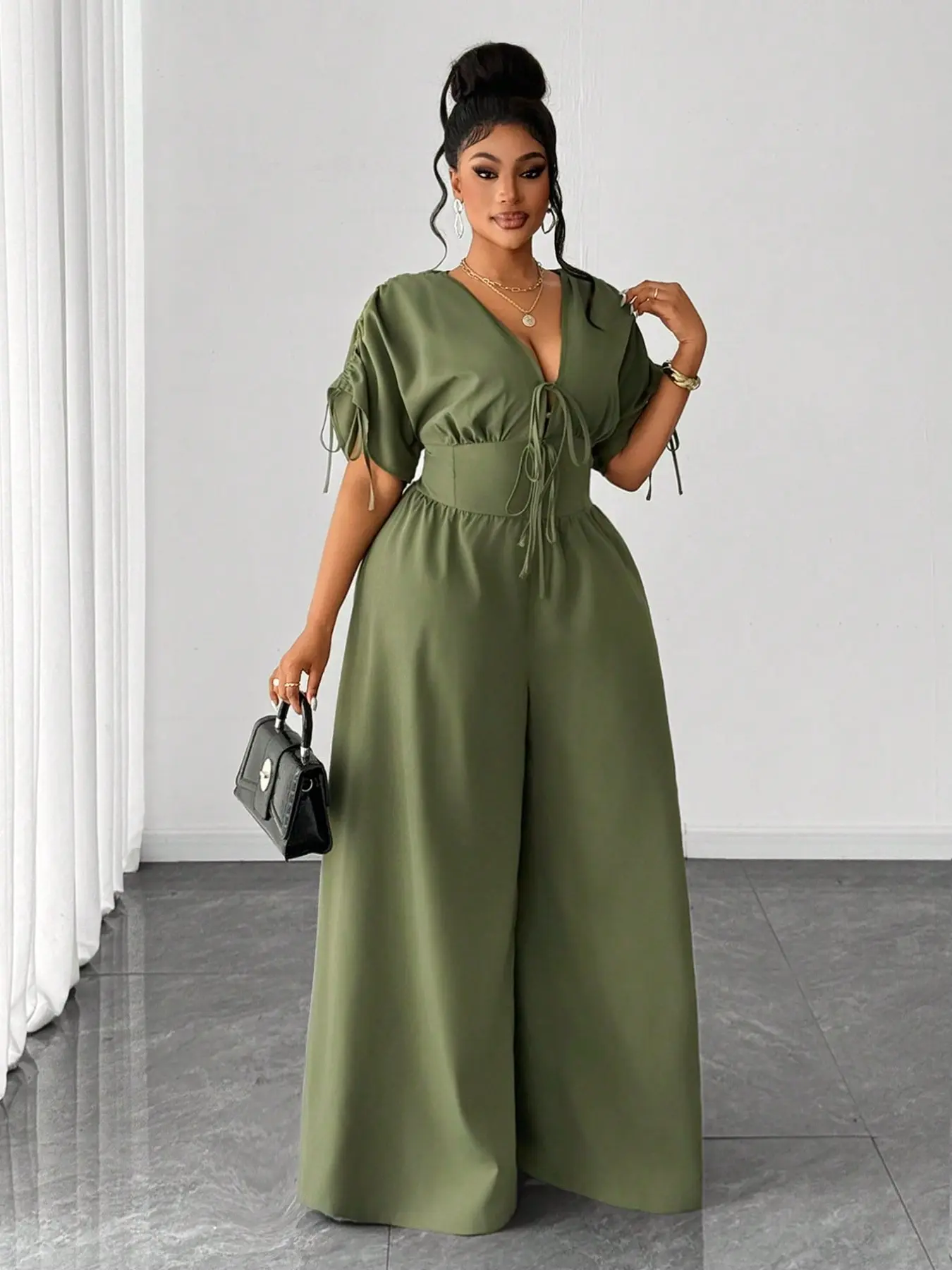 Plus Size Women's Military Jumpsuit, V Neck Adjustable Drawstring High Waist, Short Sleeve, Wide Leg, Casual Summer, Travel & Dating