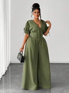 Plus Size Women's Military Jumpsuit, V Neck Drawstring Waist, Short Sleeve, Wide Leg, Casual Summer, Travel & Dating