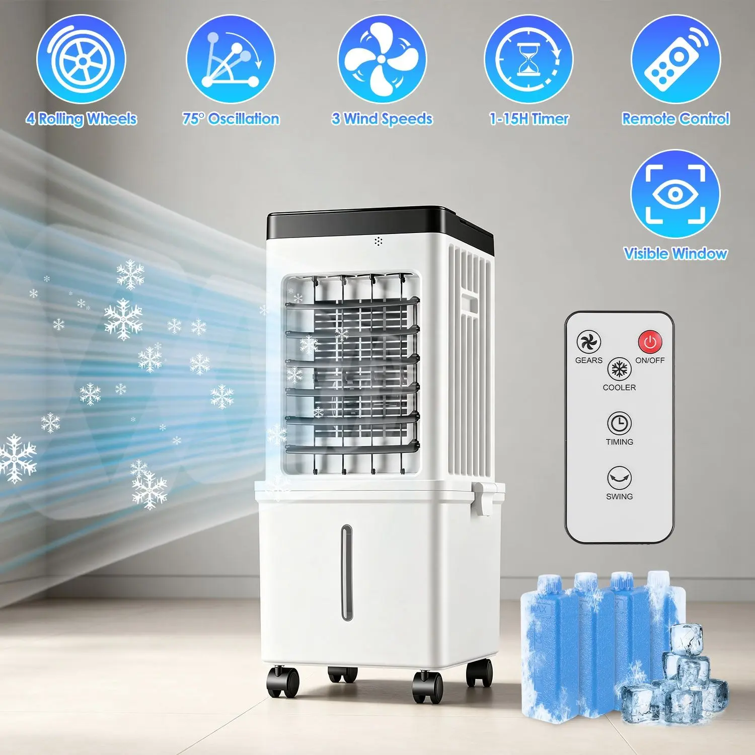 3-in-1 Portable Evaporative Air Conditioner - 12L Dual Water Tank, 3-Speed, Touch & Remote Control, 4 x Wheels, 4 Ice Packs, Oscillation, 1-15 Hours Adjustable Timer, Visible Window, 15-25m2/161.46-269.10sq.ft Coverage for Bedroom Office, 3 Selectable Win