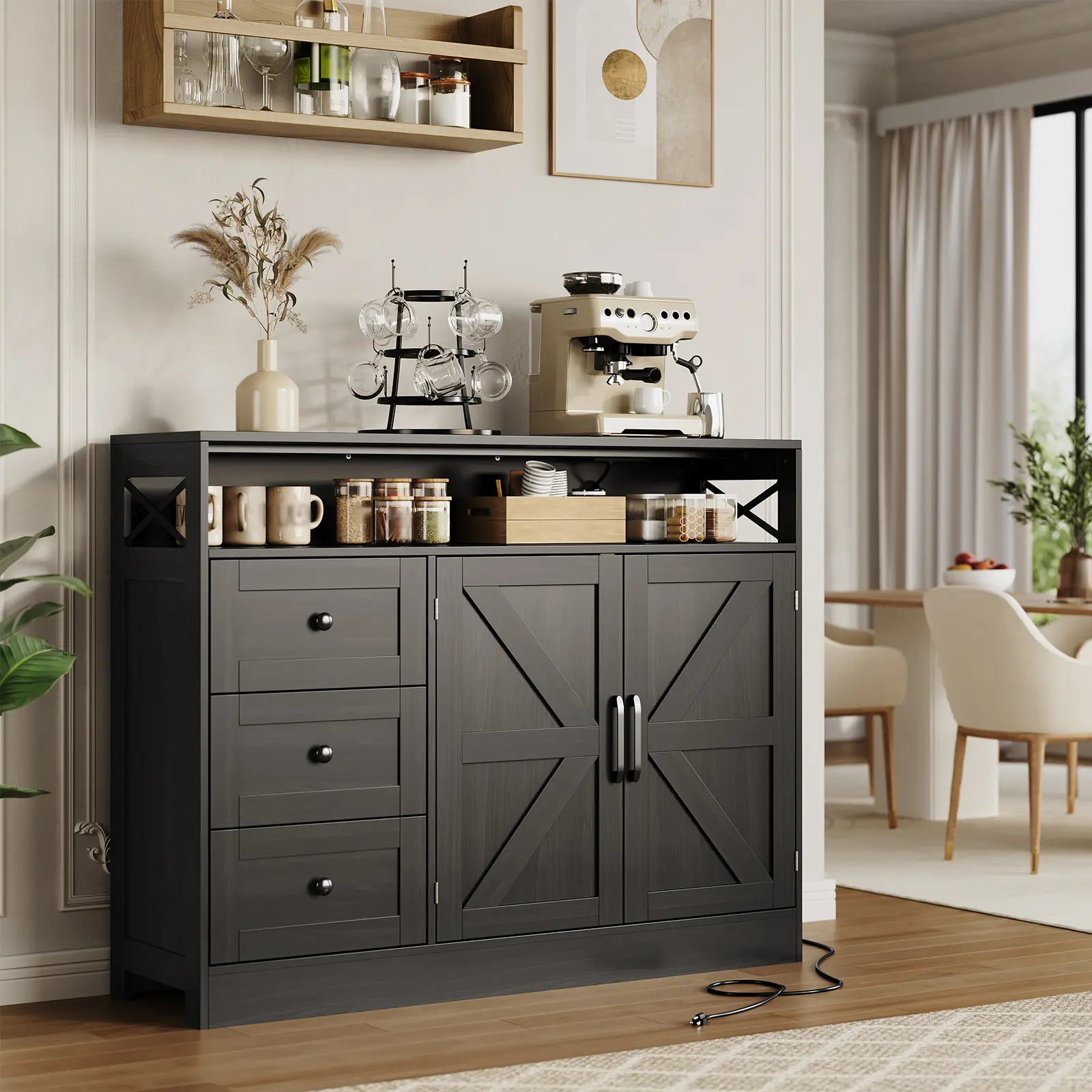 Garvee Farmhouse Kitchen Sideboard Buffet Cabinet – 3 Drawers, Open Shelves, Doors – Wooden Console Storage Cupboard for Pantry, Coffee Bar, Dining Room