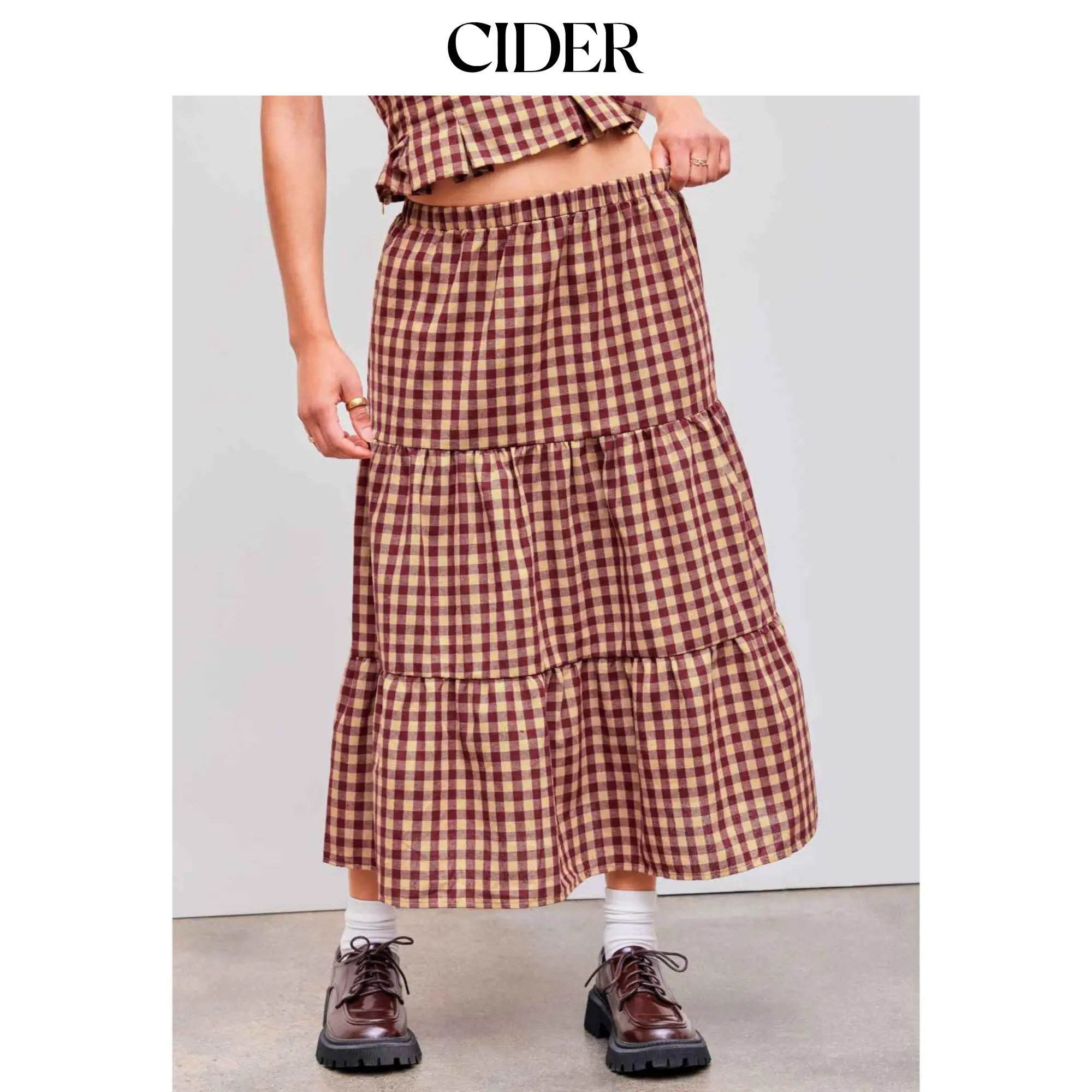 Cider Woven High Rise Gingham Tiered Midi Skirt
