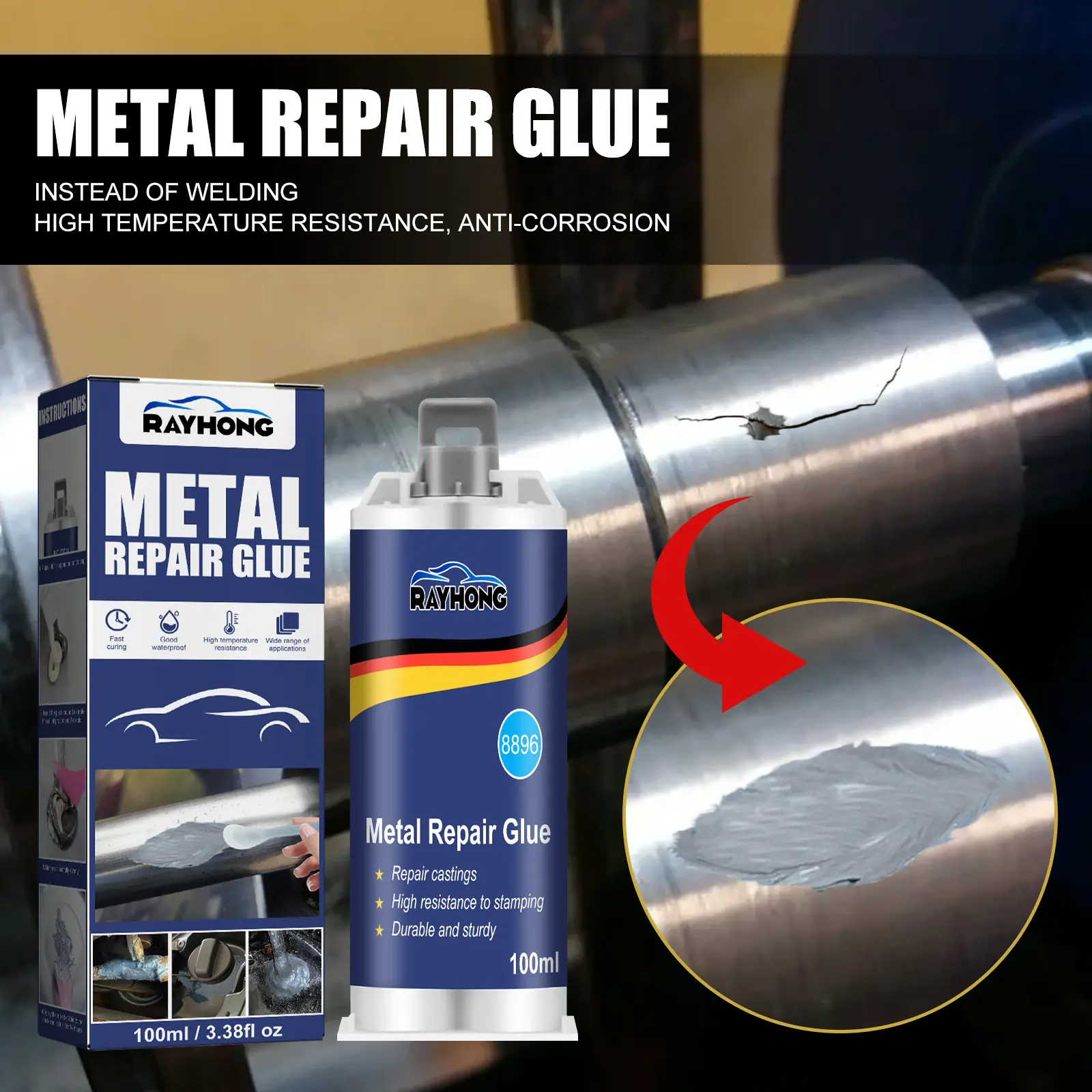 RAYHONG 100ml (3.52 fl oz) Metal Repair Paste Single Unit - High-Temp Resist Epoxy Gel with Cap Dispenser, Chemical Resistant Industrial Adhesive for Casting Defects, Pipes, Push Rod Auto Parts