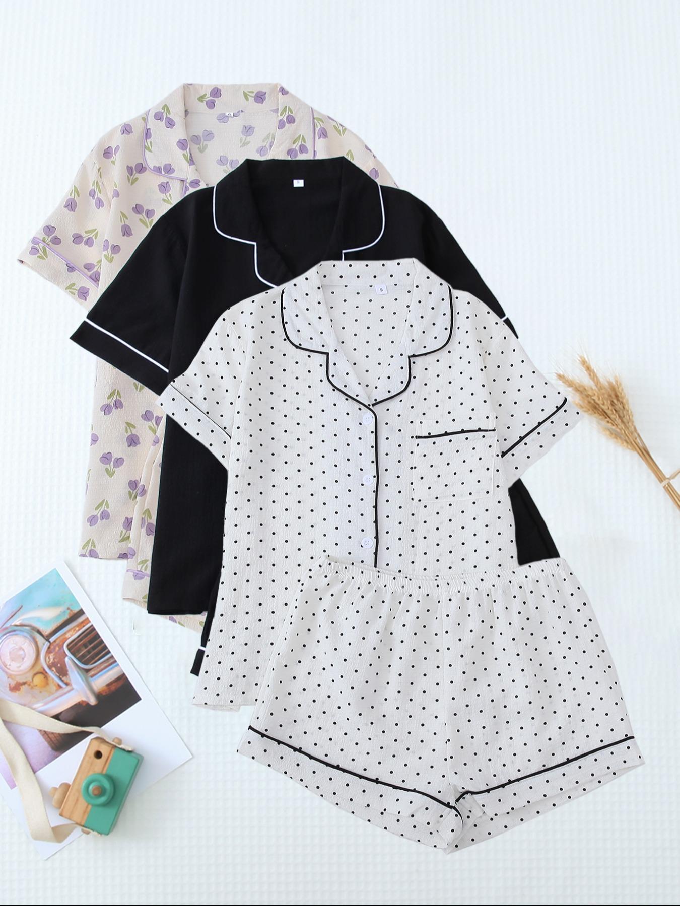 Women's Heart/All Over Fruit Print Contrast Binding Pyjama Set, Short-Sleeve Lapel Neck Button Up Top & Elastic Waist Shorts PJ Set, Casual Comfy Loungewear Set for Women, Nightwear Pajamas