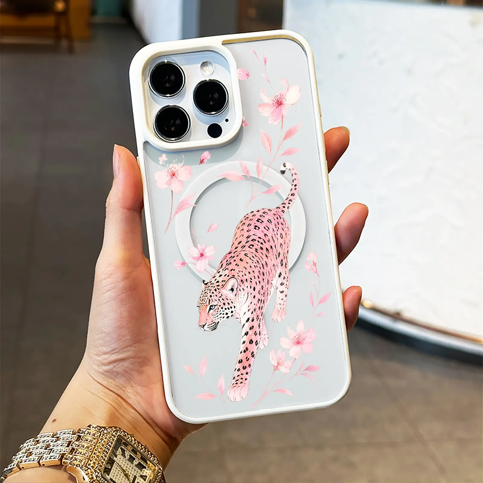Leaping Leopard Blossom MagSafe Phone Case Botanical Safari Coquette Style for iPhone 17 16 15 14 13 12 11 Plus Pro Max Wildflower Safari Gift