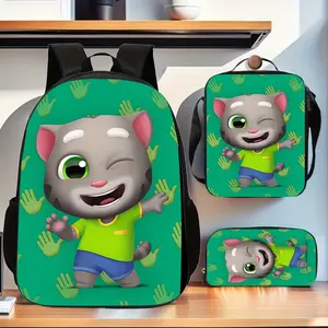 Talking Tom Cat Wink Expression Green Paw Print Three-Piece School Bag Set, including backpack, insulated lunch bag, and pencil case, suitable for teenagers' daily school use