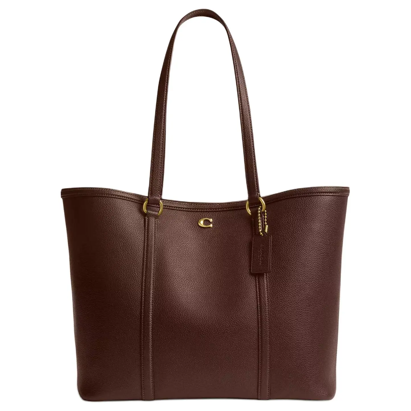 Coach Bolsa 28 Tote Bag for Women – Polished Pebbled Leather with Metal Logo Snap Closure, Brass and Maple Brown
