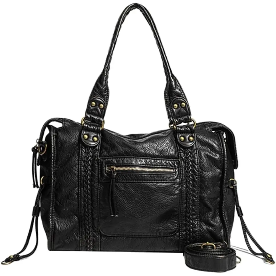 Women's Washed Synthetic Leather Slouchy Shape Satchel Messenger Bag - Rivet Accent, Casual Large Crossbody, Top Handle, Adjustable Strap, 2 Open Small Pockets, Zipper Lock, Evening Festive Party Gift for Daily Use