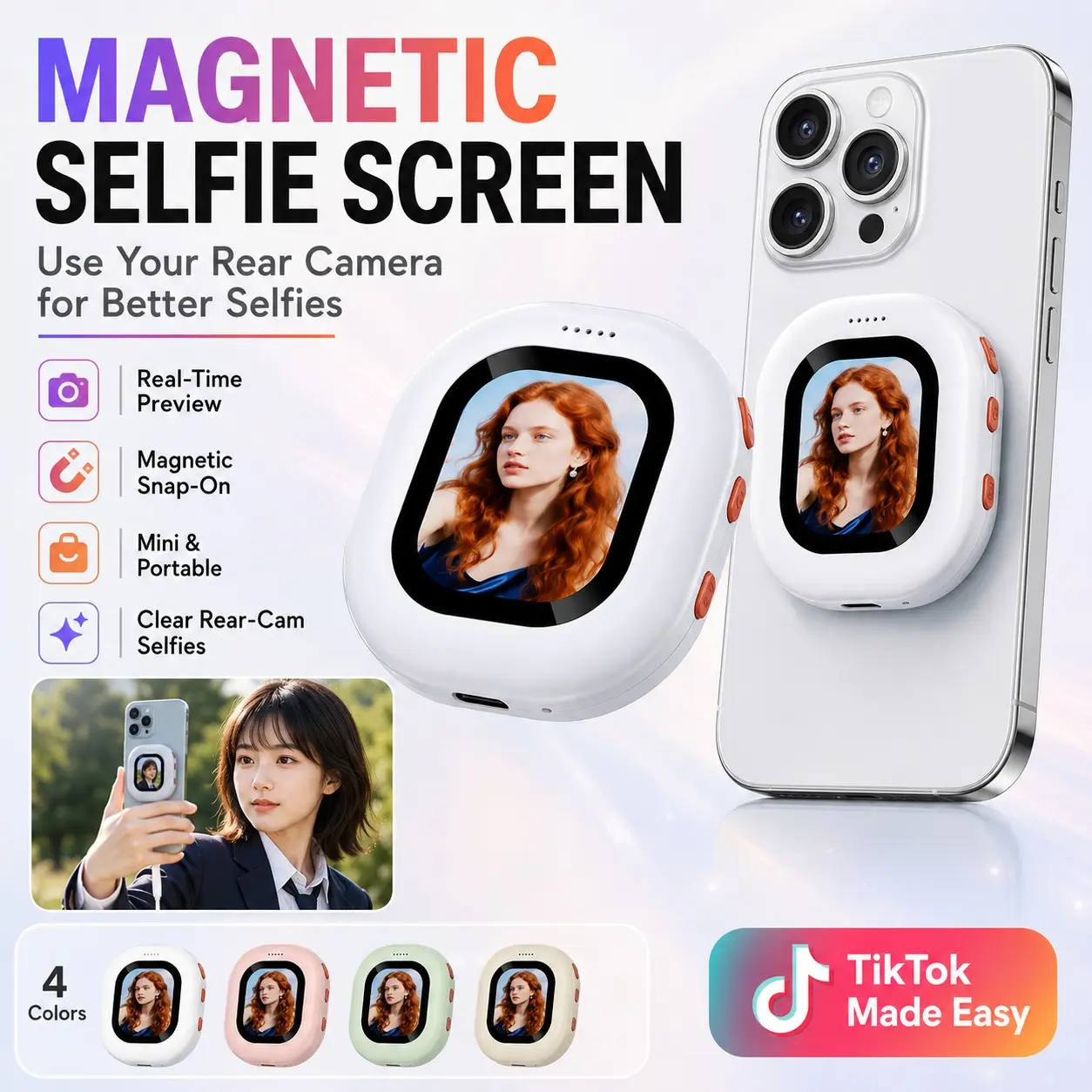 T40 Magnetic Phone Selfie Monitor, Wireless Screen Mirroring Display, Rear Camera Vlog, Live Streaming, Outdoor Shooting, Cellphone Selfie Accessory, Mobile Phone Accessory