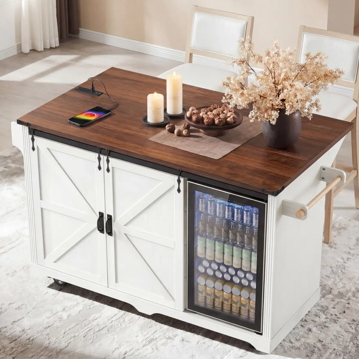 72" Farmhouse Kitchen Island with Fridge Storage Space & Power Outlet, Rolling Coffee Bar Cabinet on Wheels with 4 Drawers, Sliding Barn Door, Glass Holder, Drop Leaf, Island Kitchen Table, White