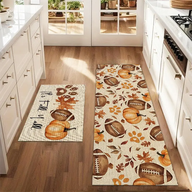 2pcs Autumn Pumpkin Football Maple Leaf Rug Set, Farmhouse Kitchen Carpet, Restaurant Floor Decor, Machine Made Textile Rugs
