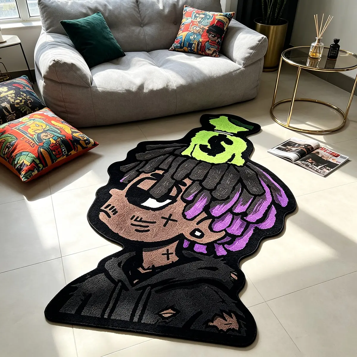 1Pcs Hip‑Hop Purple Black Ombre Dreadlocks Money Bag Cartoon Character Irregular Rug, Indoor Entryway Rug, Street Trend Vintage Floor Mat, Soft Wear‑resistant Lint‑free Carpet for Entryway, Living Room, American Street Style Home Decor Rug