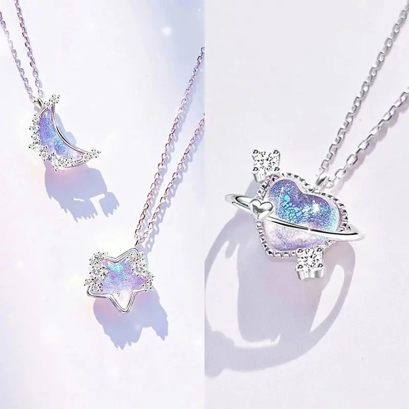 Simple Fashion Crystal Moon Pentagram Heart Pendant Necklace For Women Girls Temperament Elegant Fantasy Necklace Jewelry Gift