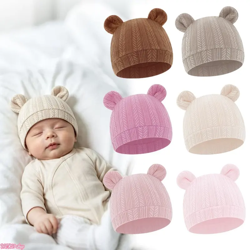 Viral Solid Wheat Knit Newborn Beanie, Spring Autumn Soft Baby Ear Hat, Breathable Infant Knitted Cap for Daily Outdoor Walking Baby Shower Newborn Photoshoot Infant Gift