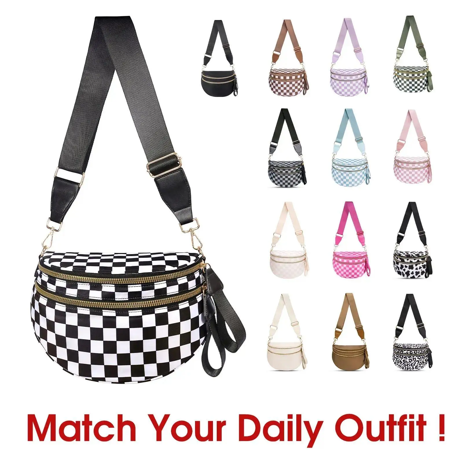 Checkerboard Nylon Zippered Bum Bag - Unisex, Plus Size Friendly, Spacious for Essentials, Foldable, Waterproof Crossbody Belt Bag, Multi-Color, Sports & Outdoor Gift, Zippered Bag
