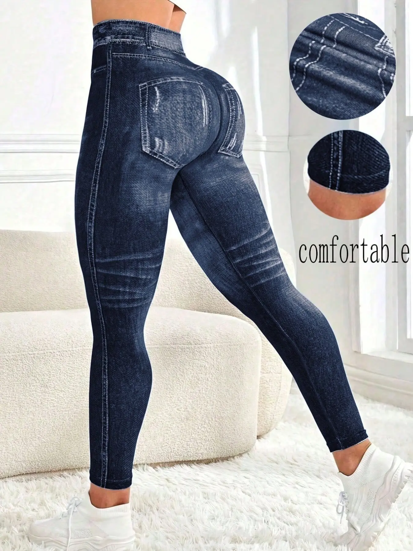 2026 New Retro Washed Denim Print High-Waisted Tight Pants, Women's Compressive Waistband, Breathable, Ideal for Fitness & Casual Wear
