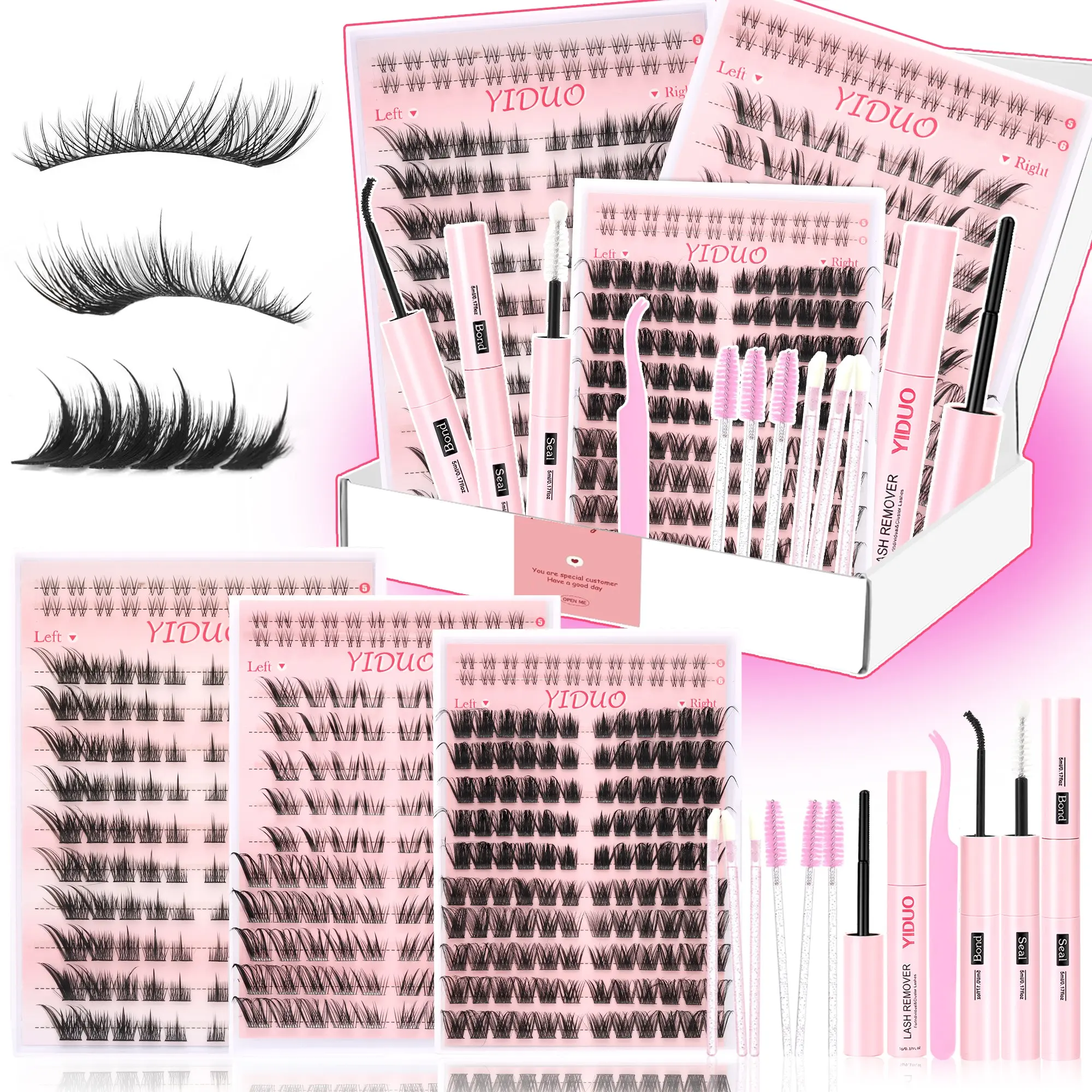 YIDUO Fox Eye Lash Set – 3 Styles , 382PCS C-Curl. w/ Bond, Seal, Remover, Tweezers & Brushes. Pre-Mapped, Reusable – DIY Foxy Glam.