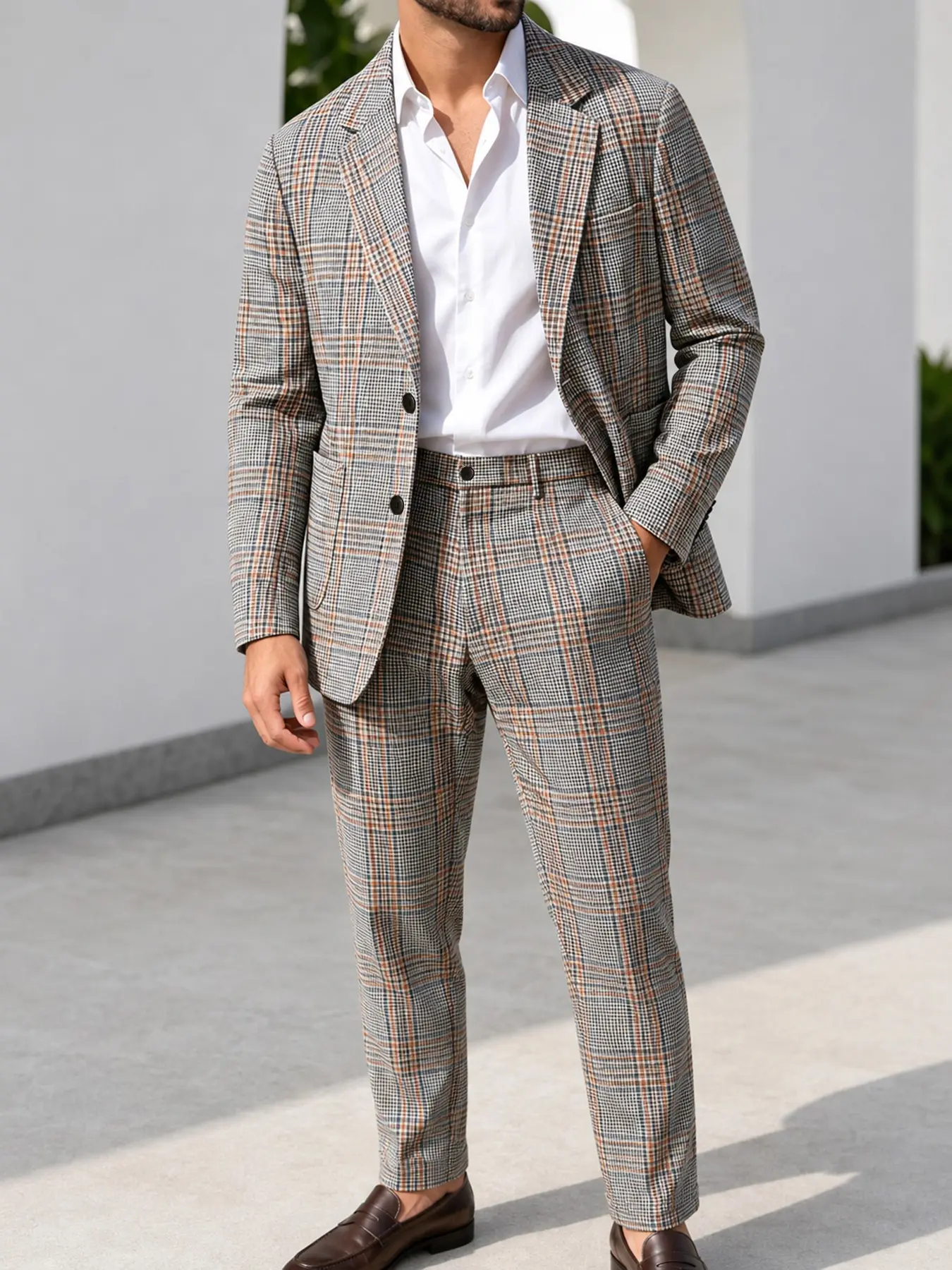 Men's Vintage Gingham Suit Two-Piece Set, Plaid Slim-Fit Blazer and Straight Leg Pants, Wrinkle-Resistant Fabric, Ideal for Office and Casual Wear, Formal Wear