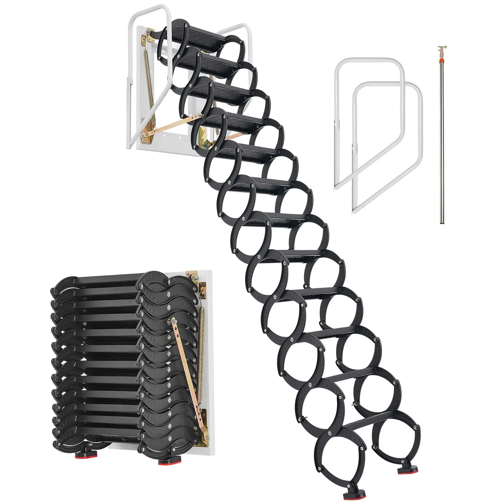 【Summerfinds】VEVOR Attic Ladder Wall-Mounted, 660LBS/299.4KG Capacity, Fits 9.5 to 10 ft Ceiling Height, 12-Step Steel Folding Stairs with Handrails, Pull Down Attic Ladders for Attics, Garages, Roofs, Basements