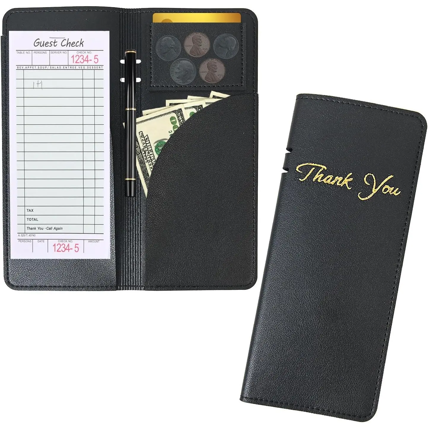 Leather Check Server Book for Restaurants, Synthetic Double-Panel Organizer with Pocket Card Bill Holder, Bill Management Tool for Servers, Durable And Long-Lasting