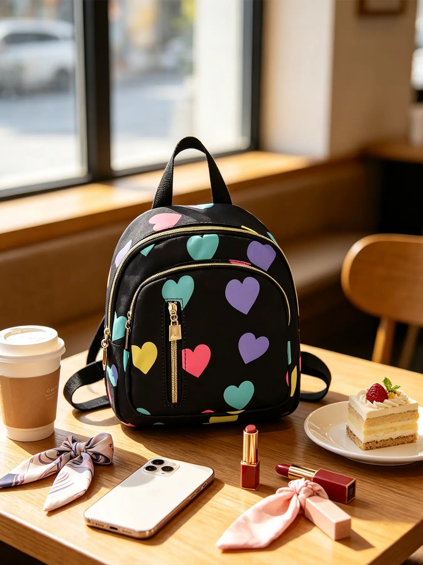 Colorful Heart Nylon Mini Casual Backpack, Lightweight Waterproof, Large Capacity, Laptop Compartment, Ideal for Women, Office, Travel