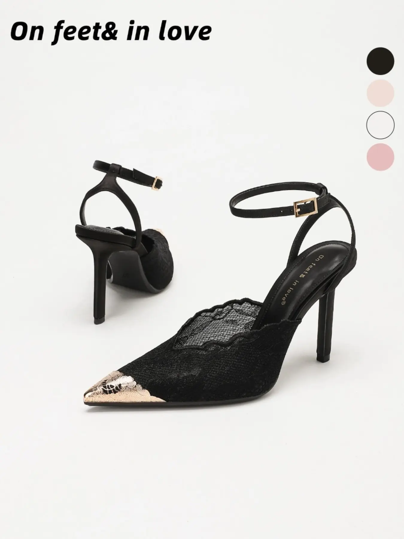 Women's soft sole Lace Mesh Pointed Toe Scalloped Edge Ankle Strap Heels, Gold Metal Toe Cap Adjustable Buckle Thin Elegant Stiletto Heel Slingback Pumps, Fashionable Heeled Sandals, for Wedding Bridal Bridesmaid Date Night Party Formal Dinner
