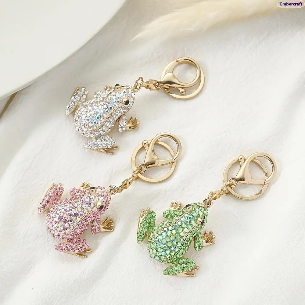 Kawaii Frog Shape Keychain with Colored Crystals, Hollow Zinc Alloy Animal Character Pendant for Car Keys, Stylish DIY Gift Accessory, Kawaii Accessories, Diy Gifts, Car Key Ring, Animal Character Keychains, Trendy Cute Keychain, Cute Collectibles