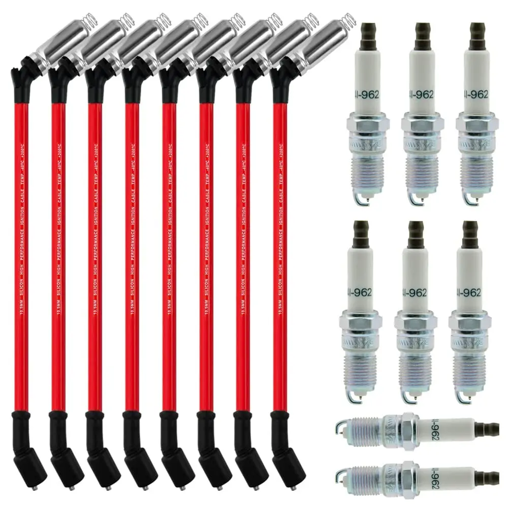 Spark Plugs and Wires for Chevy 5.3, Spark Plug 41-962 * 8 + Spark Plug Wires *8 9748HH 10.5mm (red) Fit for Chevrolet Silverado GMC Sierra Hummer H2 Cadillac Escalade LS2 LS3 LS4 LS7 Engines--