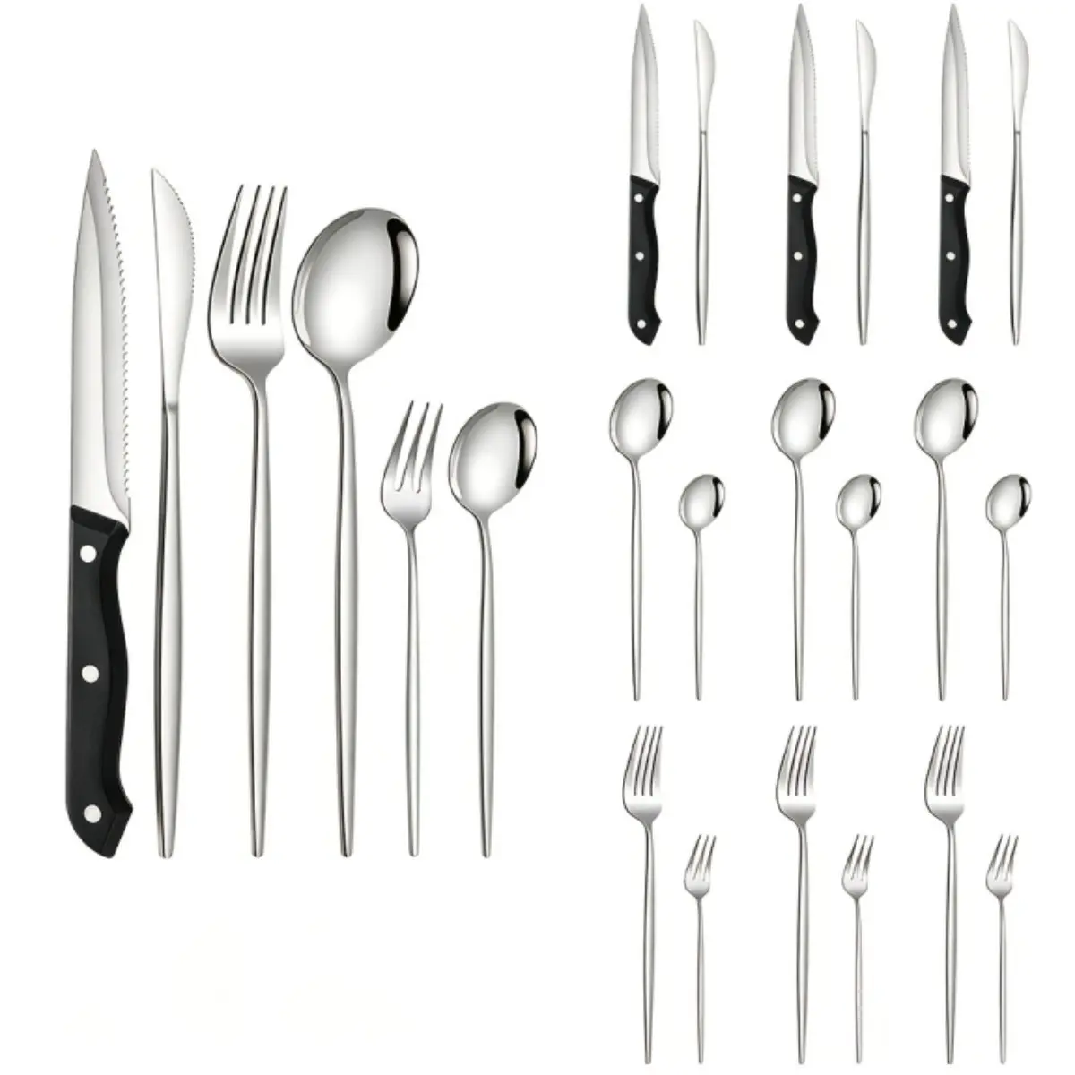 24-Piece Stainless Steel Flatware Set with Steak Knife, Forks, Spoons, and Dinner Knife, Mirror Polished Finish, Easy to Clean, for Everyday Use and Special Occasions