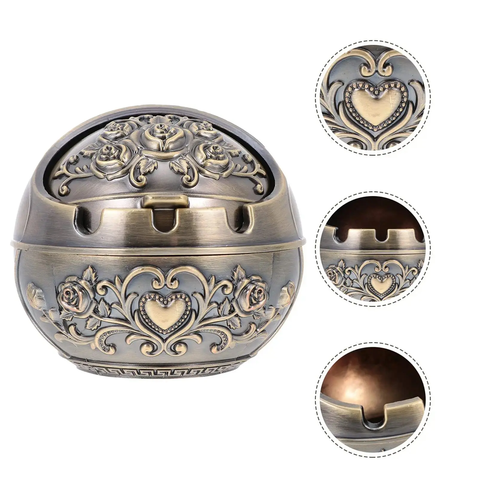1pc of Retro Decorated Rose Patterned Ashtray with Lid, Portable Metal Ashtray, Hand Carved Indoor and Outdoor Decoration, Suitable for Men and Women, Home Office Room Decoration, Collectible Room Decor, Home Decor Supplies, Collectible Ornament