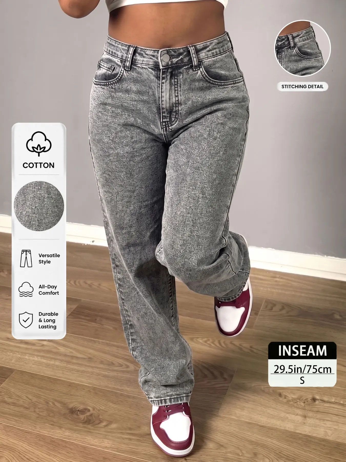 Trendy Latina Inspired Mid-Rise Straight Leg Fashion Denim Jeans for Women, Slim Fit Streetwear, Snow Wash Denim, All-Season Casual Bottoms