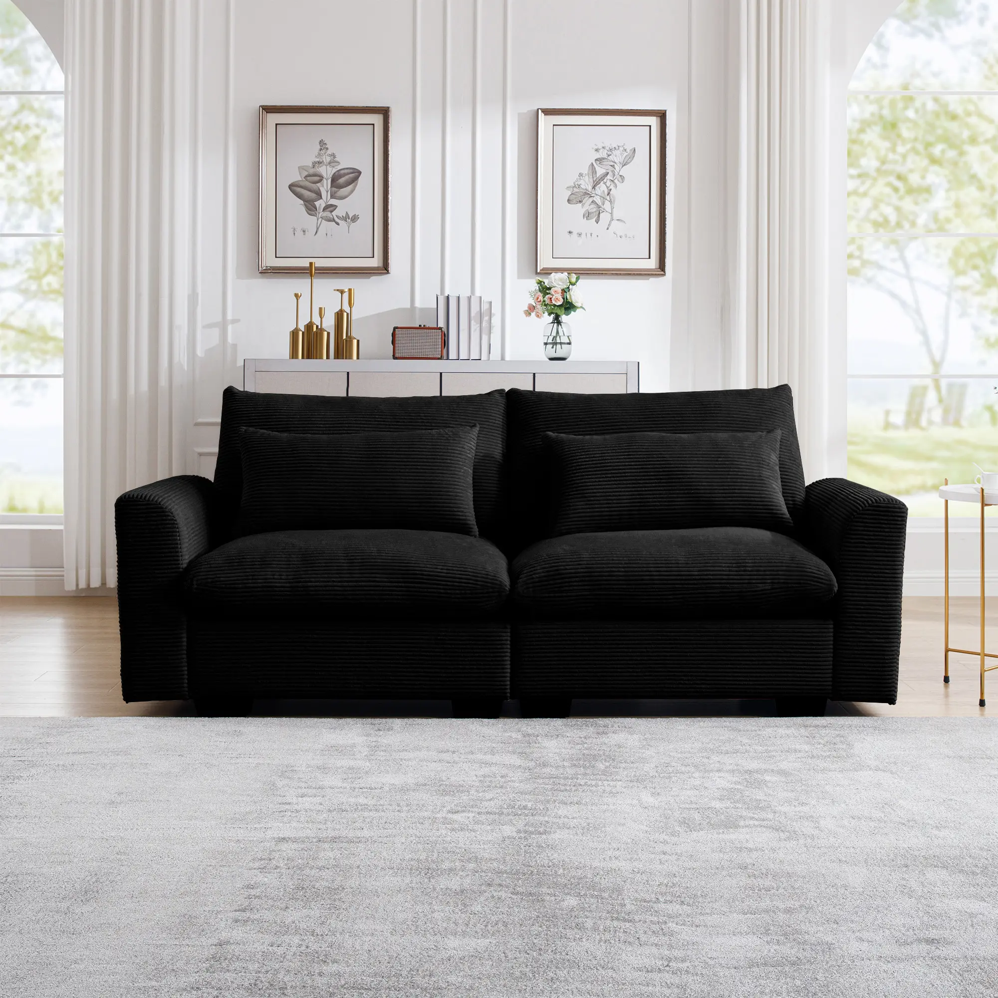 Nokaa 2-Seat Corduroy Modular Sectional Sofa with Armrests, Black Upholstered Loveseat for Small Space Living Room, Easy Assembly