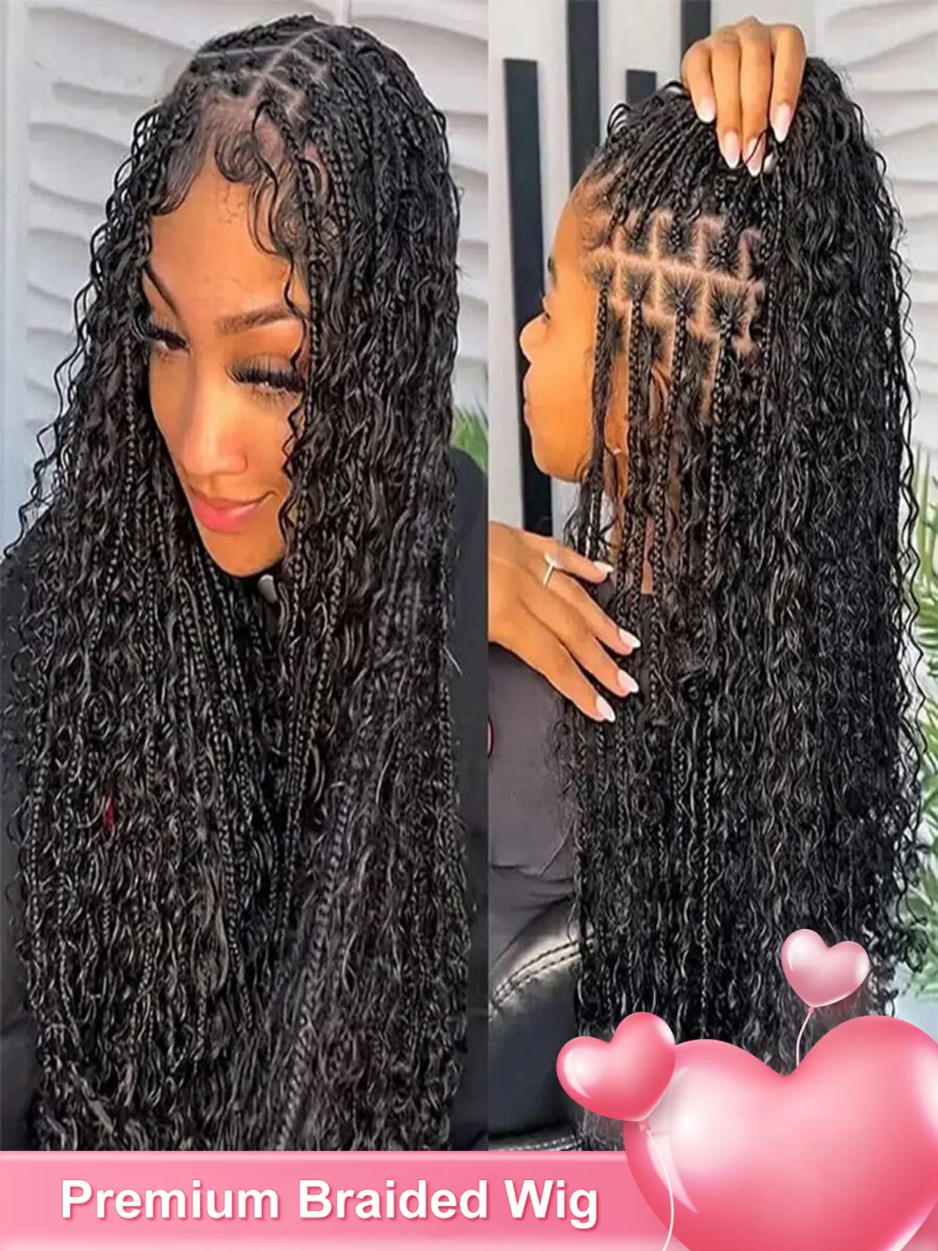Full Lace Knotless Boho Curls Braided Long Wig, Pre-Braid Lightweight Super Natural Scalp, All Seasons Wavy Hair Extension, Premium Synthetic Wigs, Boho Braids, Bohemian Braided Wig