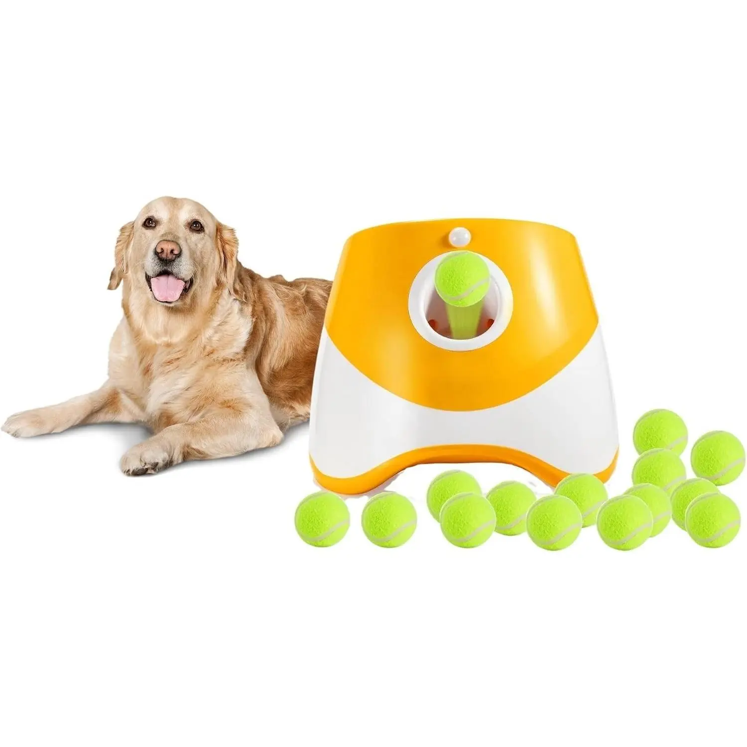 Dog Ball Launcher – Automatic Dog Ball Thrower for Small and Medium Dogs, Interactive Pet Toy with 6 Mini Tennis Balls & Adjustable Launch Distance, Indoor & Outdoor Play
