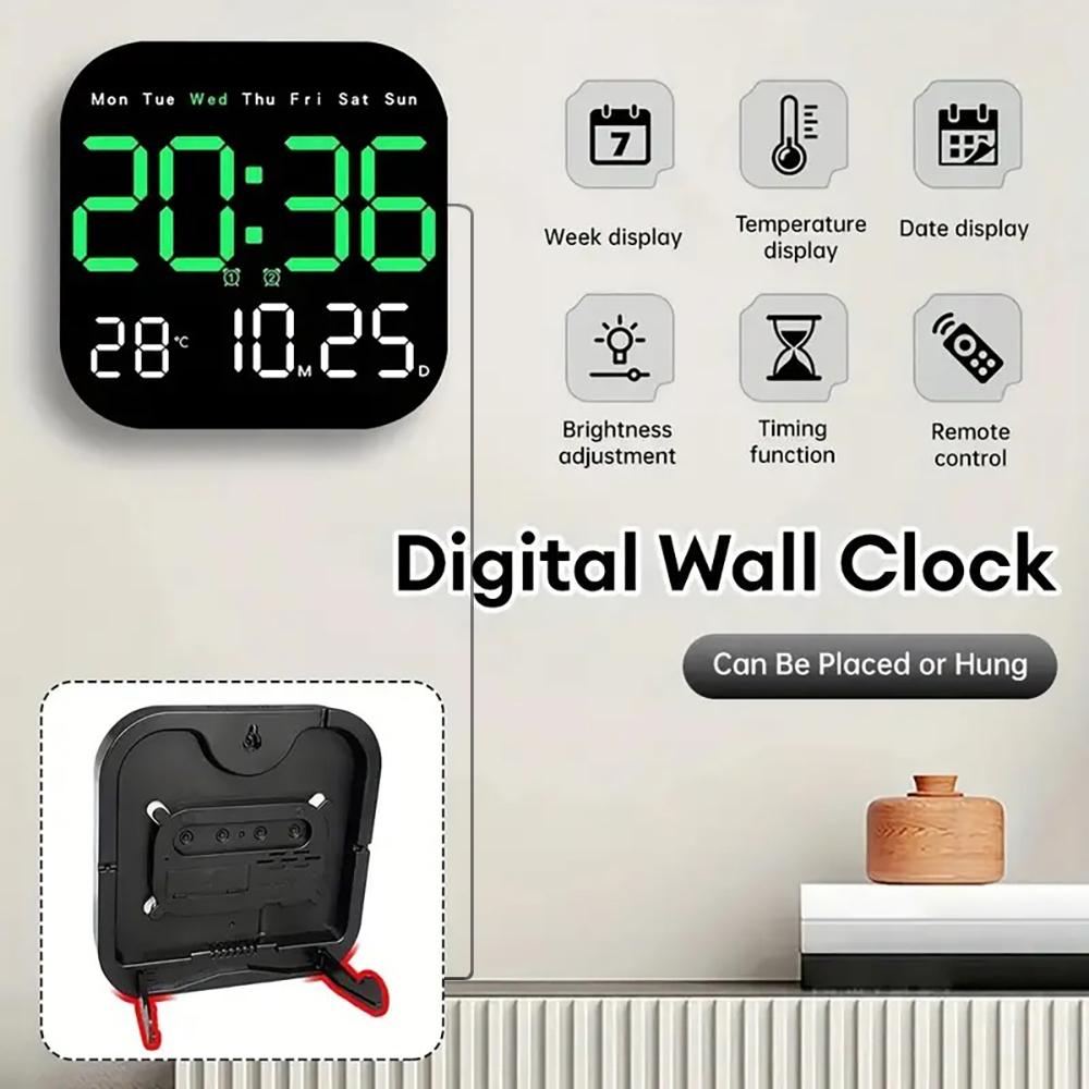 Intelligent Large-Screen Digital Living Room Wall Clock with Remote Control, Battery-Powered LED Wall Clock with Calendar, Time and Temperature Display, LED Multifunctional Alarm Clock and Home Decor, Valentine's Day Gift, USB Powered Clock