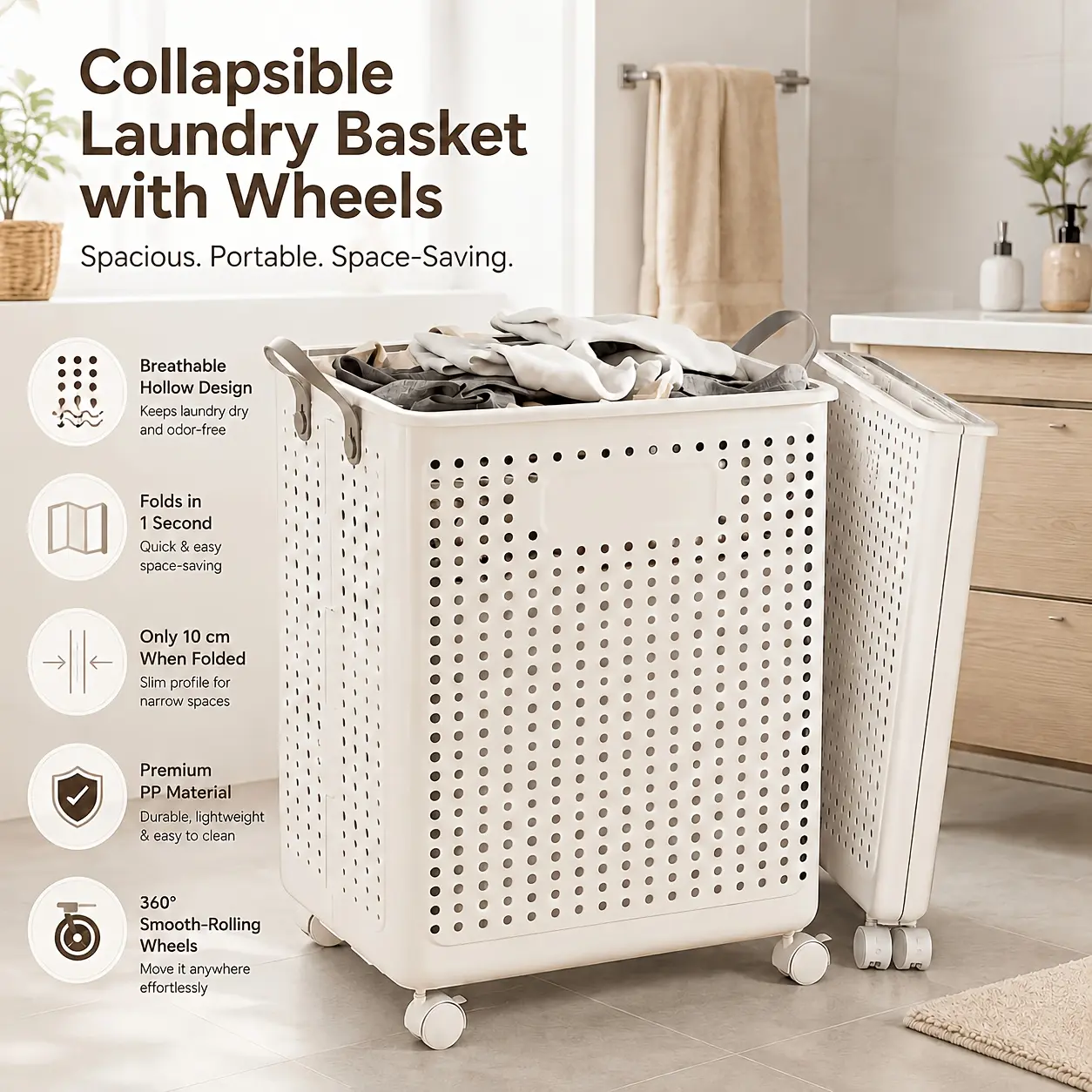 Foldable Laundry Basket with Wheels, Portable Rolling Laundry Hamper with Handles, Breathable Clothes Storage Basket for Bedroom, Bathroom, Laundry Room, Balcony, Closet, Make Home Storage Easier, Laundry Baskets