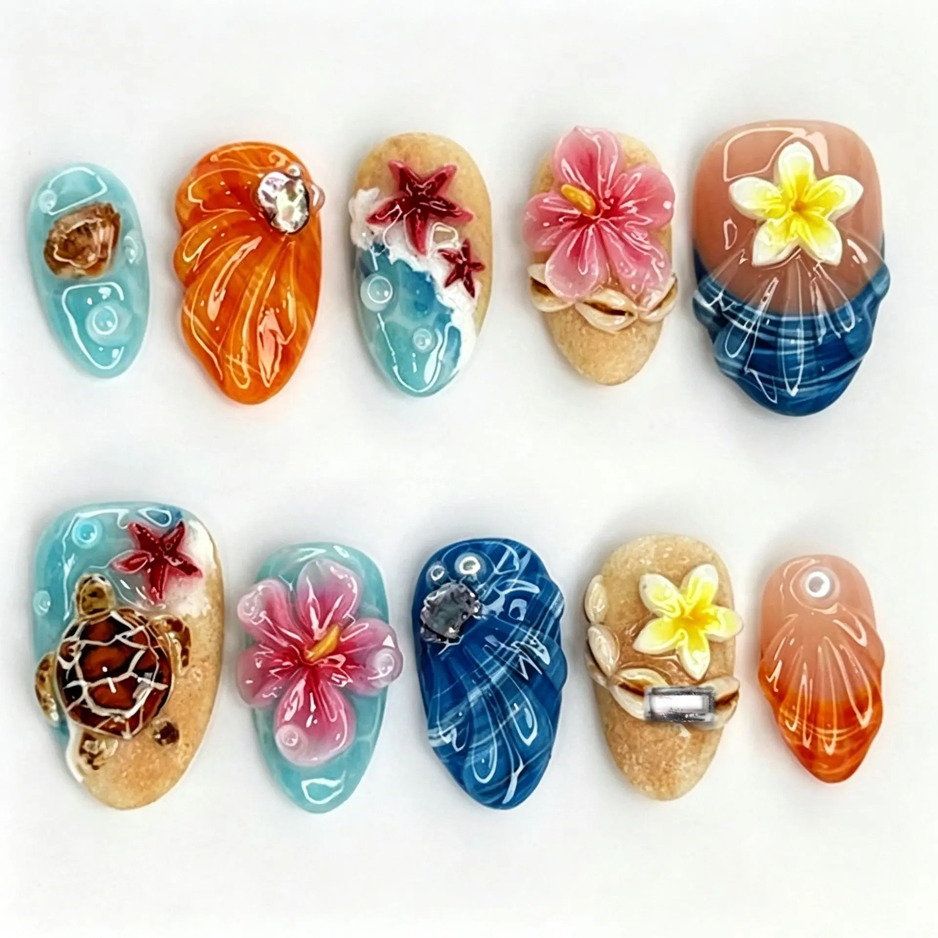 Viral Fall Coastal Vibe Press On Nails 3D Sea Turtle Pink Flower Almond Shape Shell Pearl French Tip Reusable Acrylic Fake Nails Natural Fit For Women Vacation Daily Wear Main Character Energy, Womens Gifts, Acrylic Nails