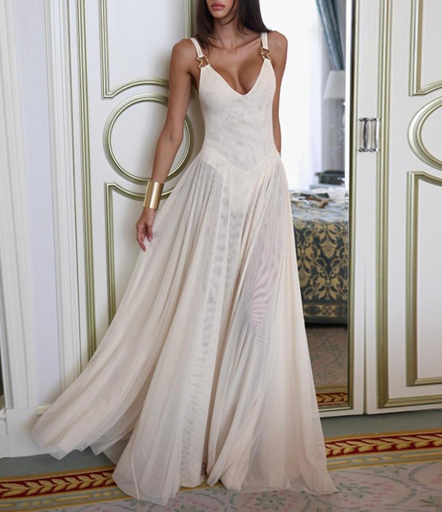 Women's Plain Deep V Neck Tulle Cami Dress, Elegant Sleeveless Maxi Dress for Party Holiday Wedding Guest, Ladies Summer Clothes, Brunch Dresses