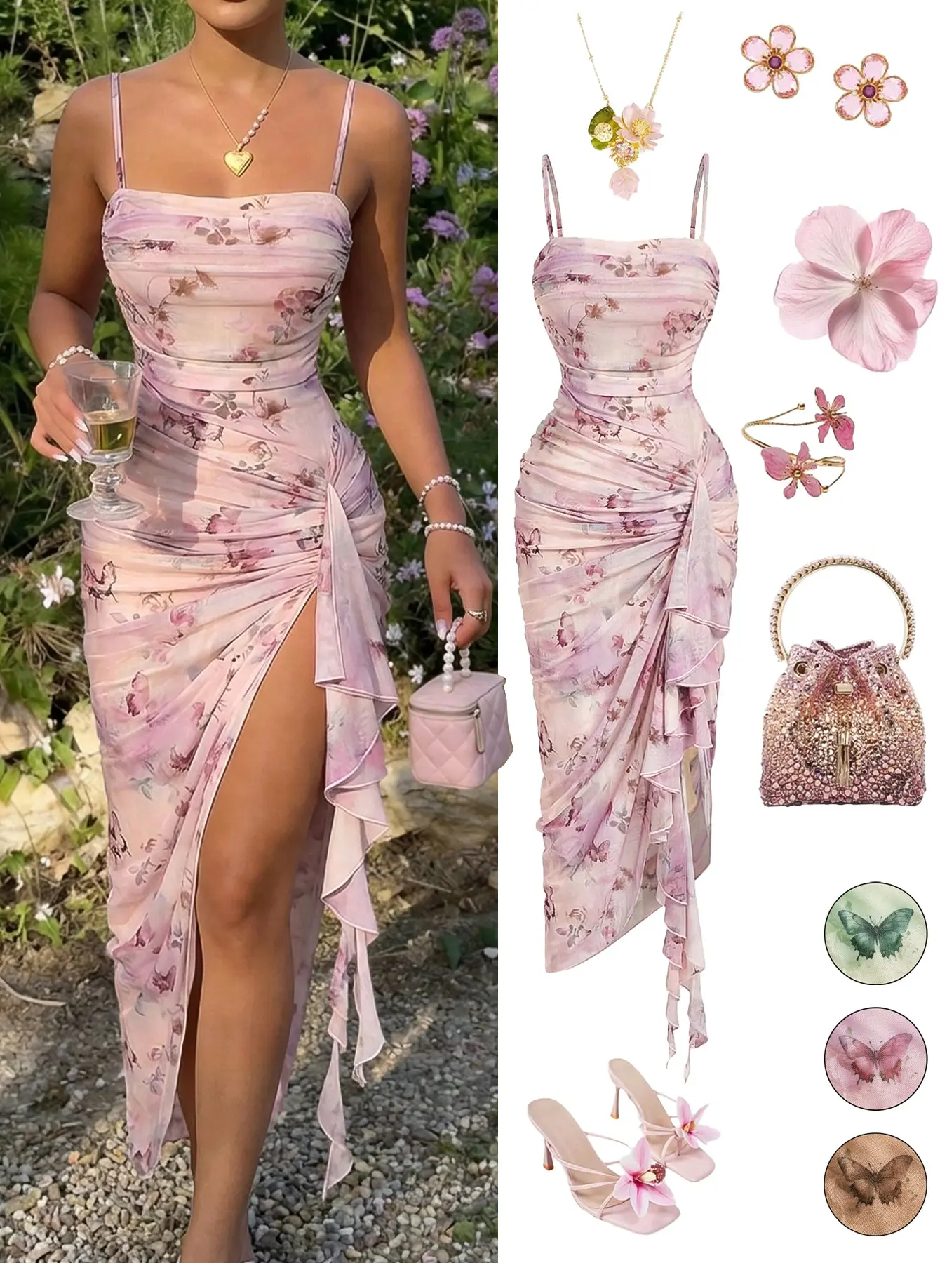 Women's Casual Vacation Floral Print Ruched Split Hem Asymmetrical Dress, Vintage Butterfly Print Elegant Ruffle Design Dress,Seductive,Party,Cocktail Dinner Prom Vacation Outfits