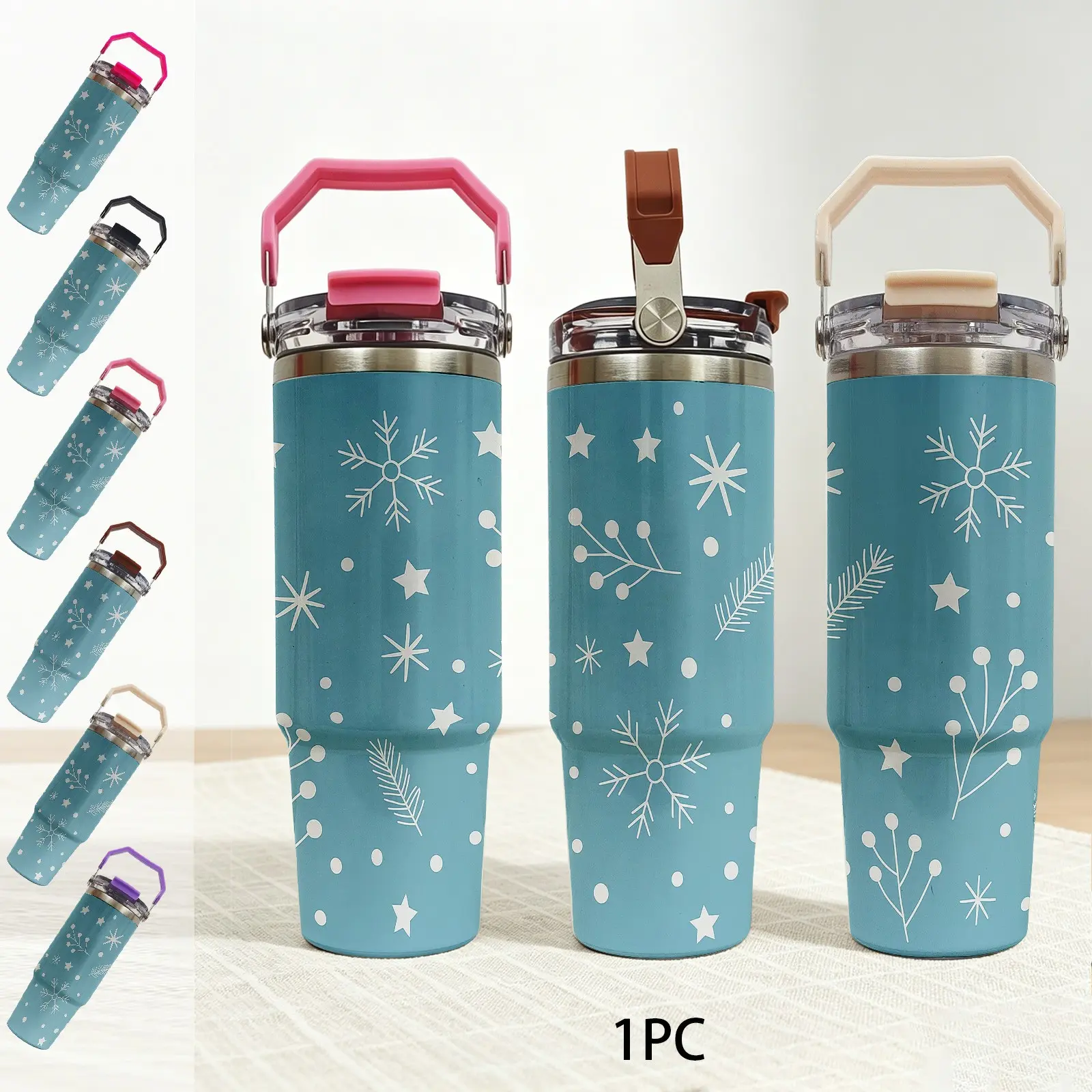 White Snowflake Star Printed 30oz Travel Insulated Ice Tumbler, 1pc 304 Stainless Steel Double Wall Vacuum Insulated, Dual Drinking Mouths Portable Handle, Fits Car Cup Holder, for Camping Gym Fitness Gift