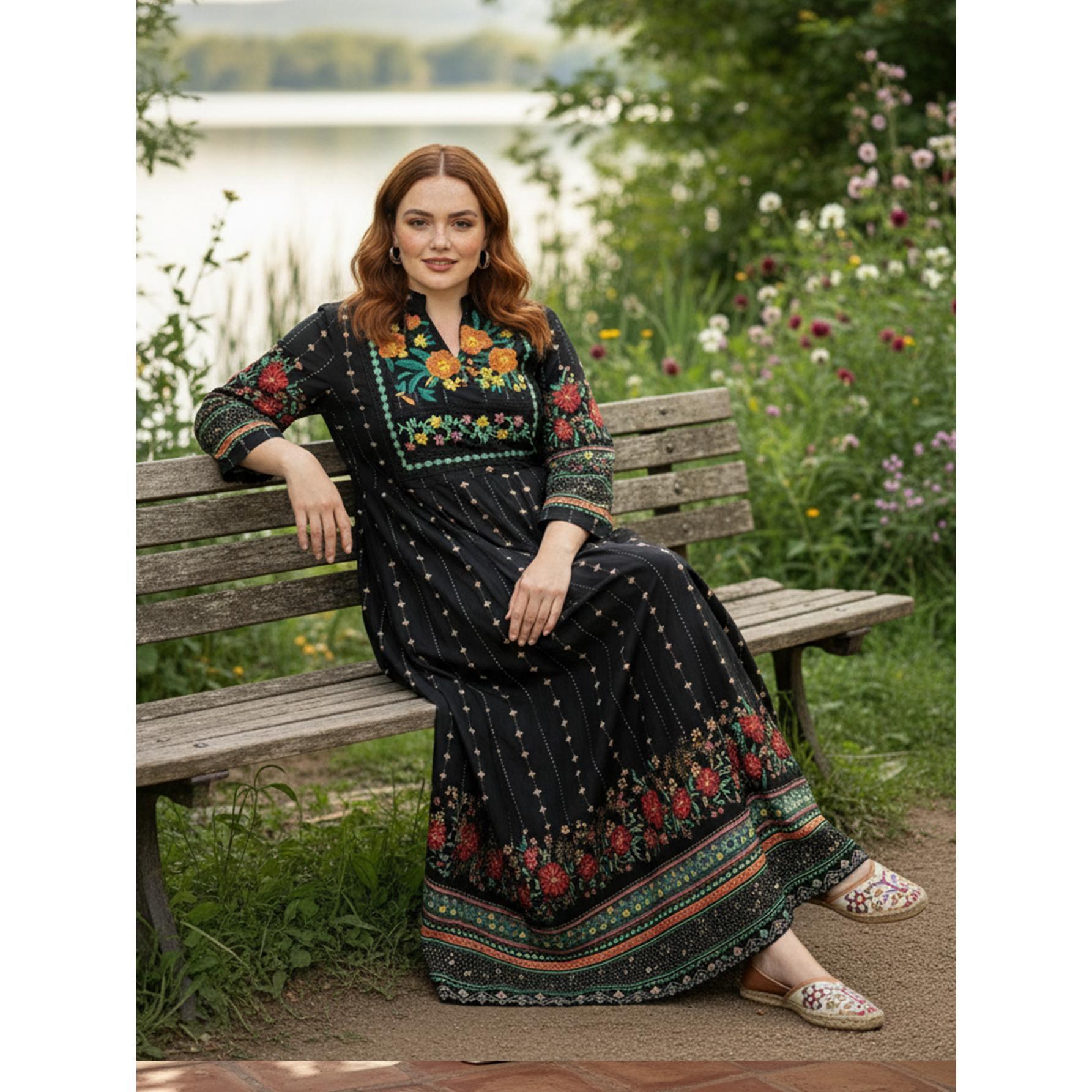 Vintage Boho Floral Embroidered Maxi Dress Elegant Ethnic Chic Gown | Standard & Plus Size S-4XL | Perfect for Evening Dinner, Festivals & Special Occasions